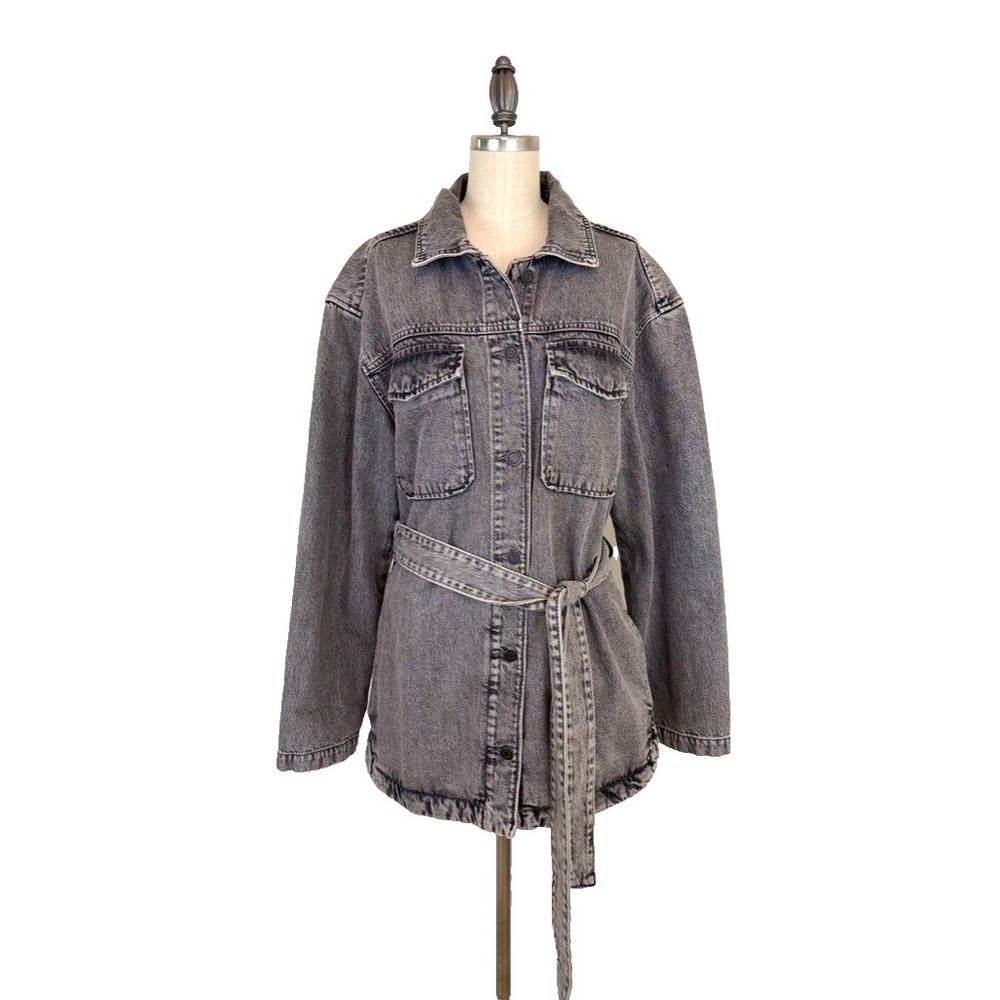 GAP‎ Gray Washed Belted Denim Utility Shirt Shaket Jacket Size M Tall - Picture 2 of 13